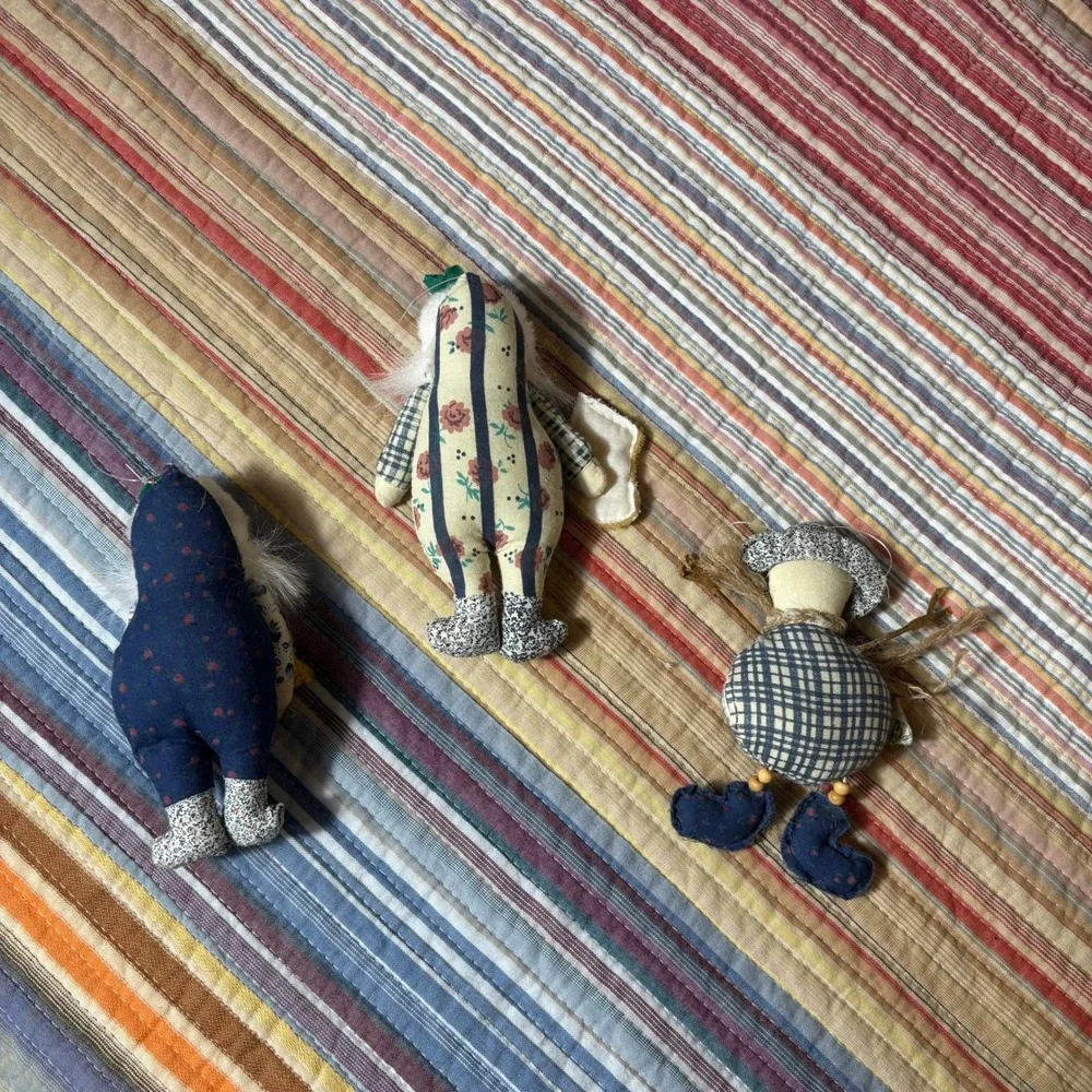 Vintage Primitive Christmas Ornaments Set of 3 Handmade Fabric Santas Folk Art